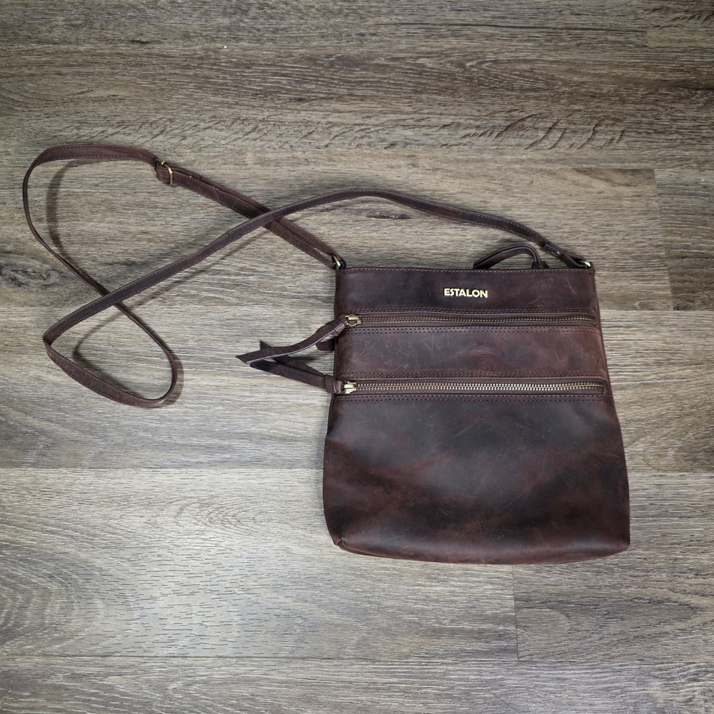 Estalon Small‎ Crossbody Bag Brown Distressed Leather Multi-Pocket Messenger